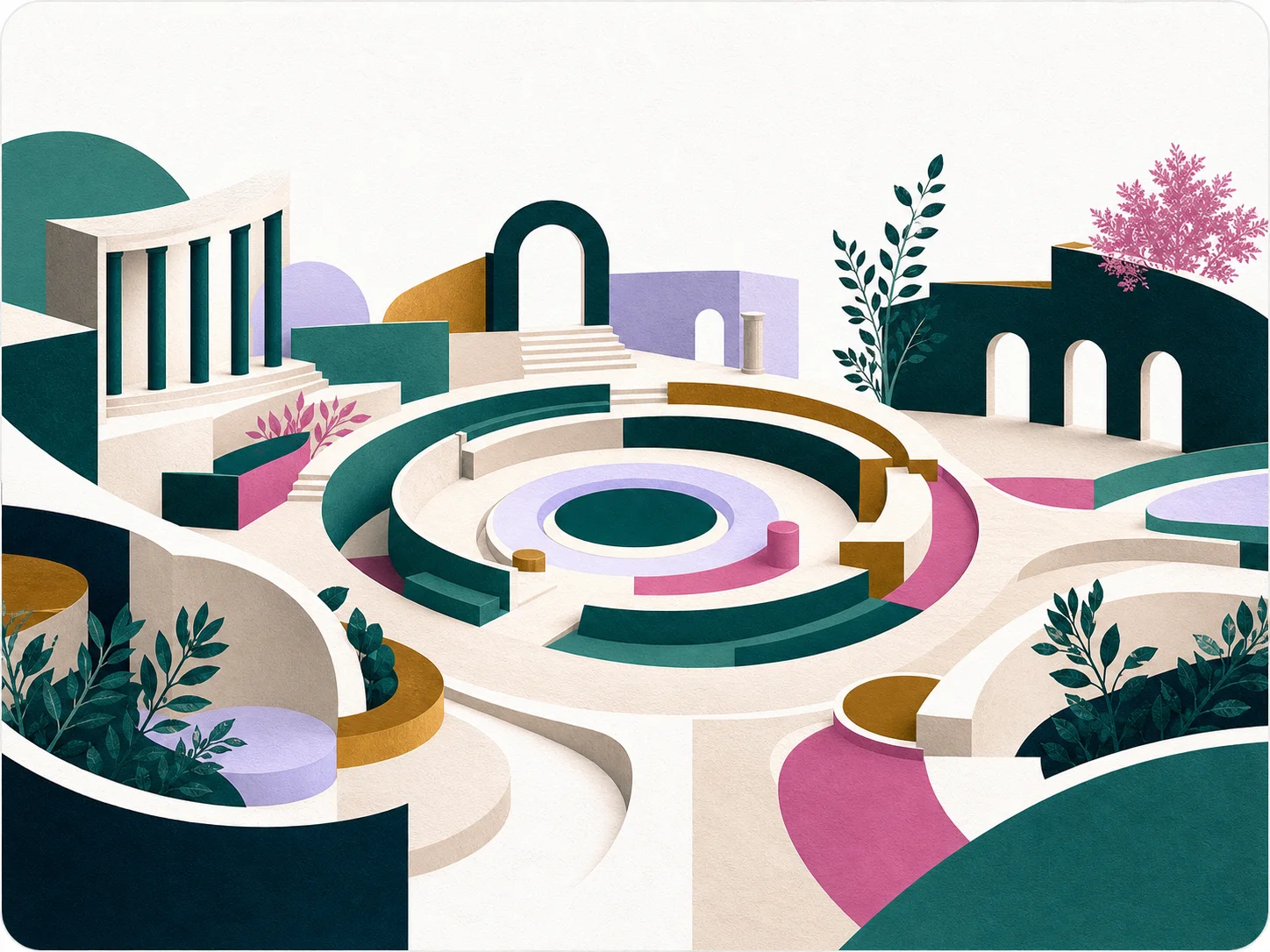 Abstract architectural gathering space in the human depth palette