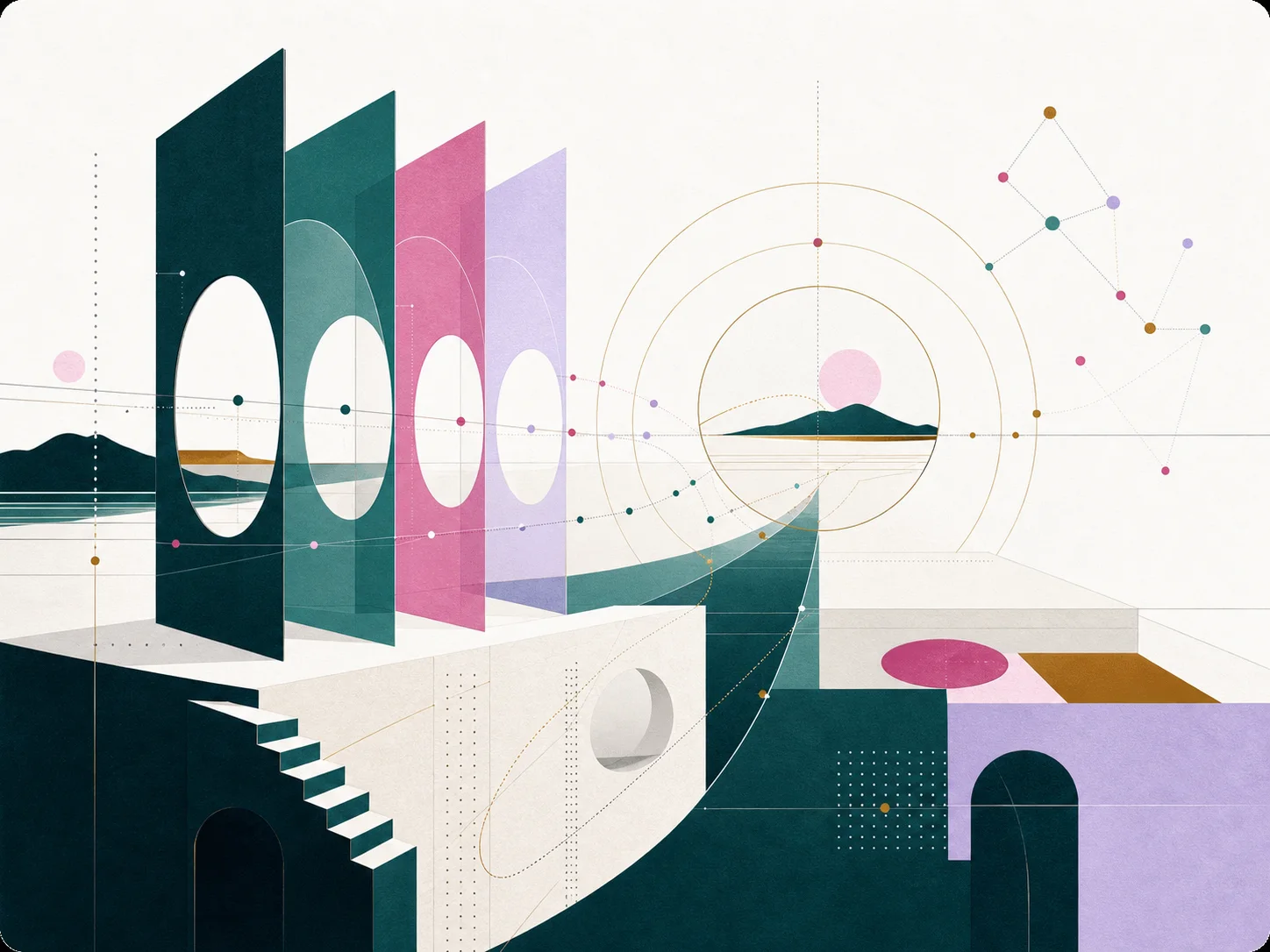 Abstract layered lenses and signal paths in the human depth palette